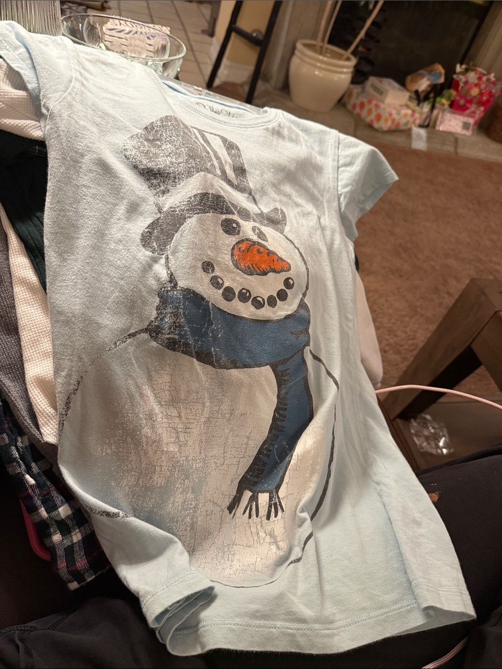L.O.L. Vintage Light Blue Snowman Tee with Navy Scarf